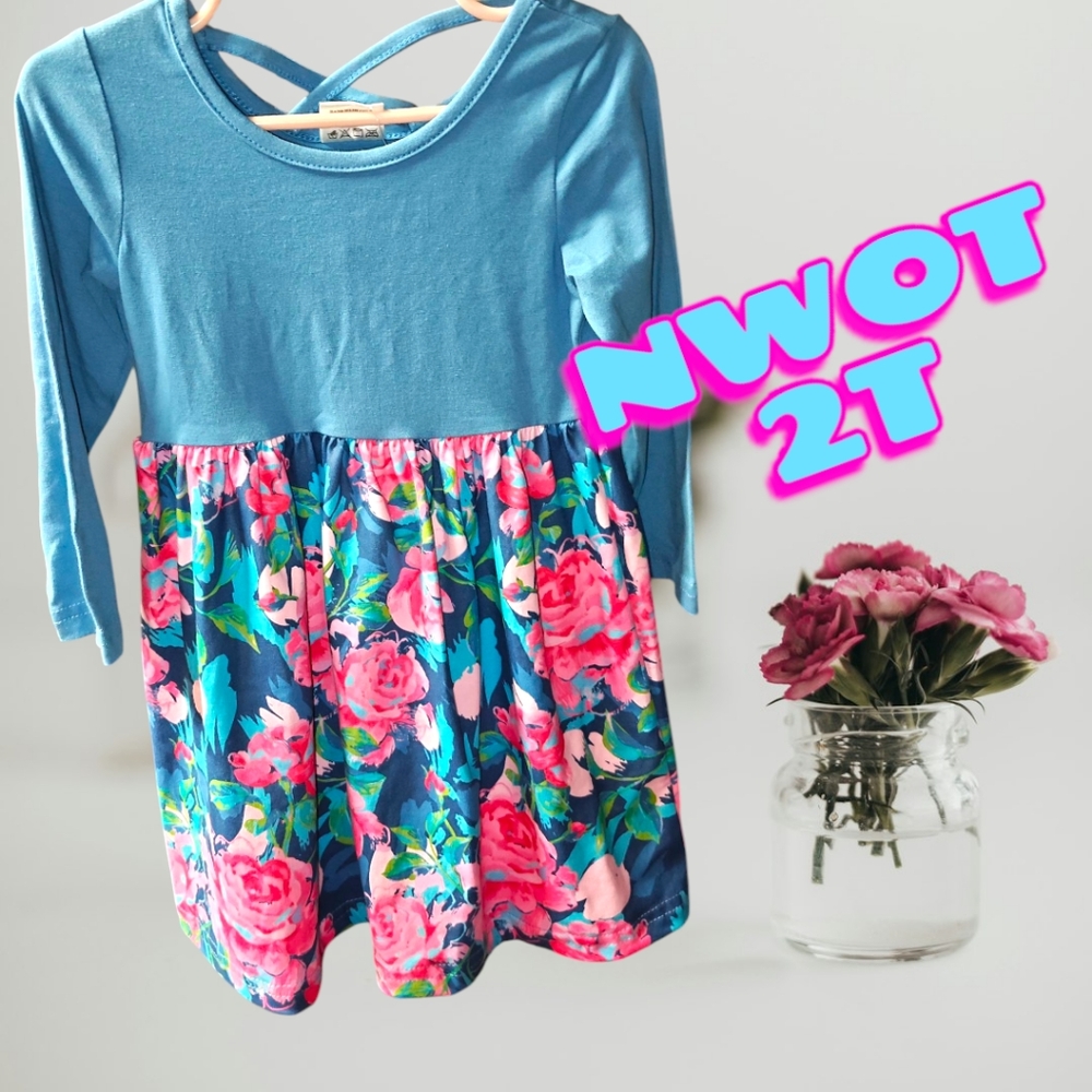 Blue and Pink Fit and Flare Casual Dress with Cuffed 3/4 Sleeves